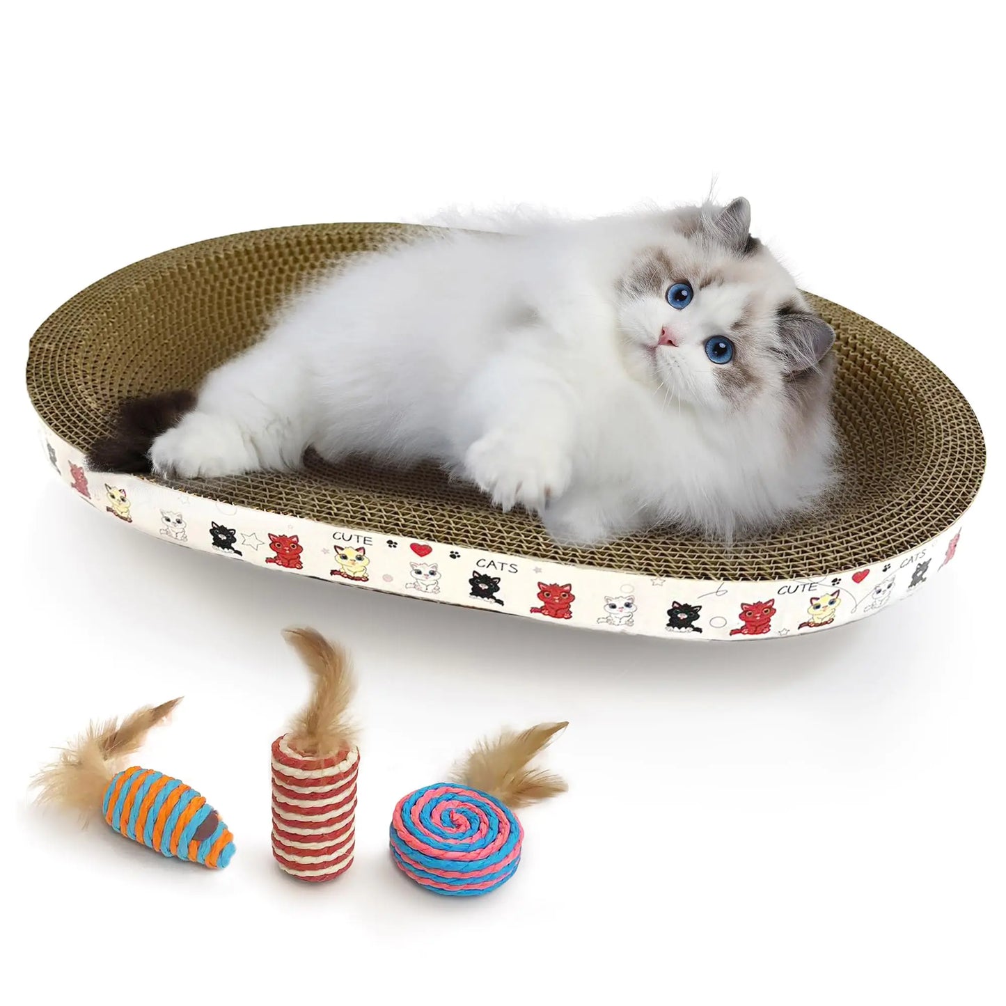 Cat Scratcher Bed - Cat Scratching Board with 3PCS Cat Sisal Balls Toy Oval Shape 17x13 Scratch Pad for Cats Corrugated Cardboard Cat Scratchers for Indoor Cats Durable 2IN1 Cat Bed