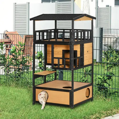 Wooden Outdoor Cat House, Wild Cat Shelter Kitten Tree