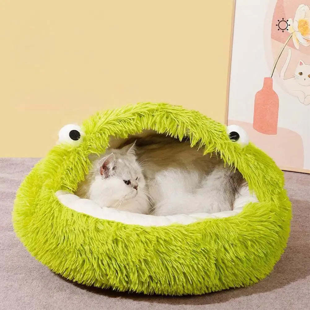 Cat Bed for Indoor Cats Semi Closed Nest Cute Plush Frog Shape Dog Cave Washable Plush Cat Hideaway Cat Hut for Kitten Rabbit Cat Beds & Furniture Cat Gifts L