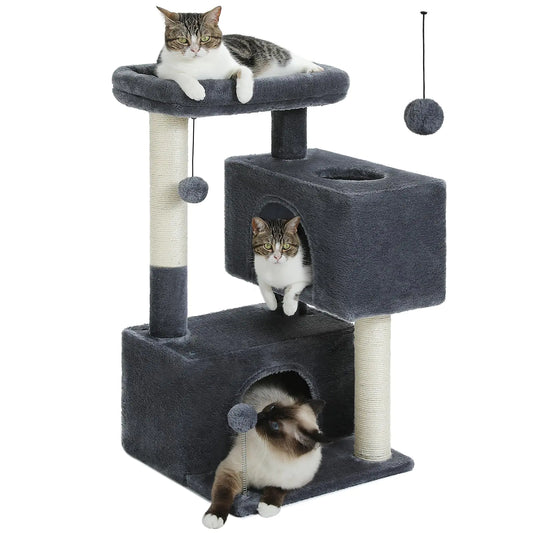 UYMI Cat Tree Tower for Indoor Cats with 2 Cozy Condos 31.5" Cat Tower with Cat Scratching Posts Padded Cat Perch 2 Cat Caves 2 Dangling Balls Dark Grey