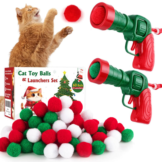 TEAWOO Cat Toy Balls with Launchers Set (2+60) 60 Cat Pom Pom Balls & 2 Cat Toy Ball Launchers Cat Enrichment Toys Interactive Cat Toy Balls