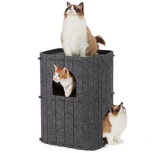 FUKUMARU Cat House for Indoor Cats 2-Storey Large Cat Bed Cozy Felt Covered Cat Bed Cave Roomy Cat Condos for Multi-Cats Enclosed Cat Hideaway 17.72x14.37x23.62 inches Dark Grey