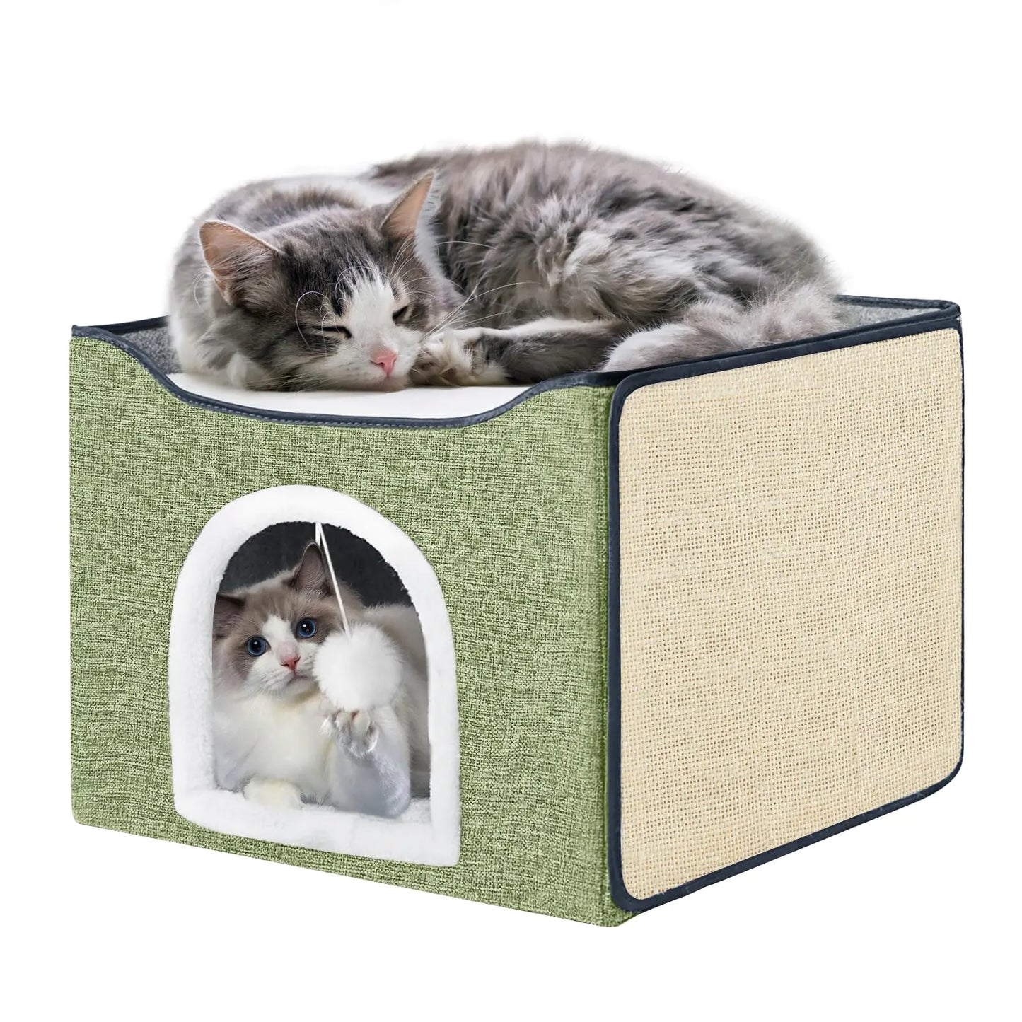 Purr&Knead Cat Bed for Indoor Cats with Large Replaceable Scratch Pad Cat Cave with Hanging Toy Ball Foldable Cat Hideaway Covered Cat Bed Cave for Cat House(Green)