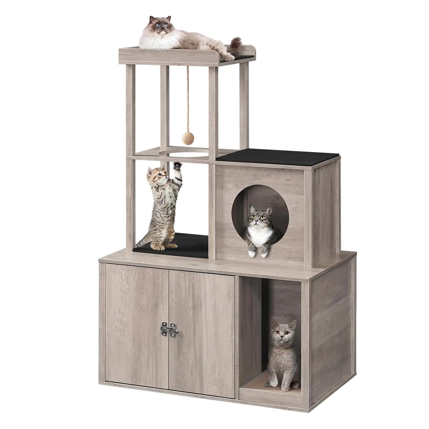 MAHANCRIS Cat Litter Box Enclosure with Cat Tower Hidden Cat Litter Box Furniture with Condo and Plush Ball Wooden Cat Washroom Furniture with Platform Indoor Cat House Greige CWHG1501