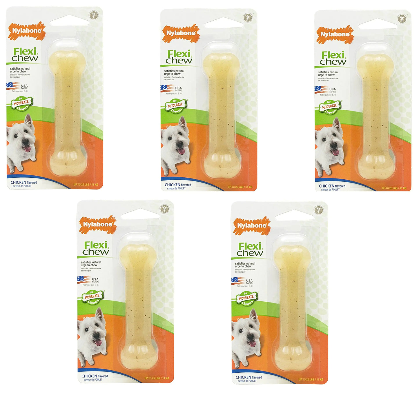 (5 Pack) Nylabone FlexiChew Dental Bone Regular Size Chicken Flavored Dog Toy